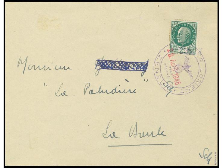 2 Fr. mit Stempel "FESTUNG LORIENT ZENSUR 29. April 1945" und nebengesetzter Paraphe des Zensuroffiziers Dr. Schmitt auf Brie