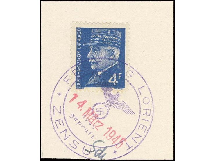 4 Fr. mit Stempel "FESTUNG LORIENT ZENSUR 14. März 1945" auf Briefstück, nebengesetzt die Paraphe des Zensuroffiziers Dr. Sch