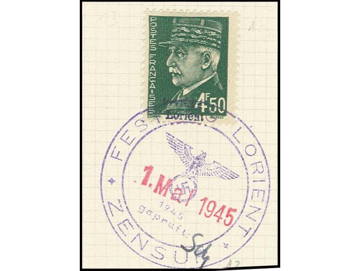 4.50 Fr. mit Stempel "FESTUNG LORIENT ZENSUR 1. Mai 1945" auf Briefstück, nebengesetzt die Paraphe des Zensuroffiziers Dr. Sc