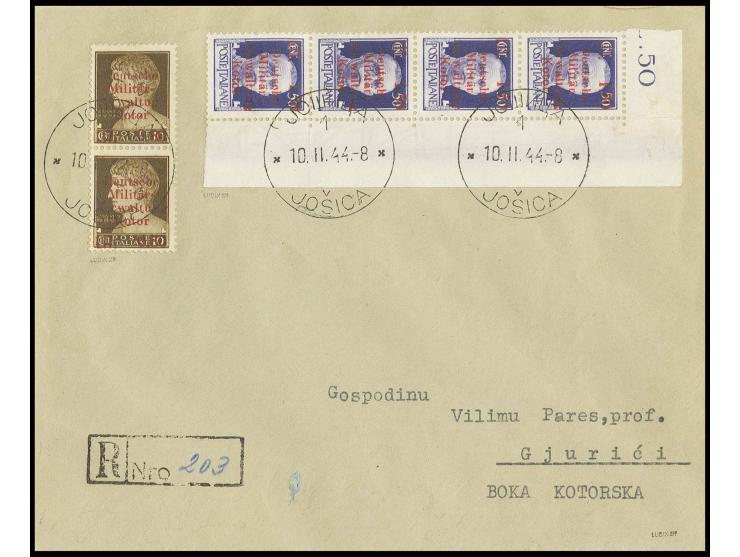1944, 0,50 Lit. auf 10 C., senkrechtes Paar, dabei obere Marke mit Setzfehler "Dentsche" und 1,50 Lit. auf 50 C., senkrechter