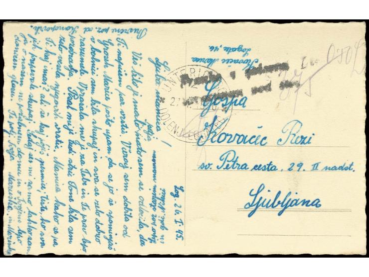 1945, Barfrankatur auf Fotoansichtskarte von "DOLENJI LOGATEC 27.1.45" nach Ljubljana