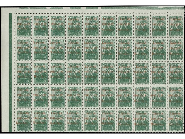 1941, Aufdruck braunrot: 15 K. im kompletten Bogen, postfrisch, Kabinett, Bogensignatur Klein BPP