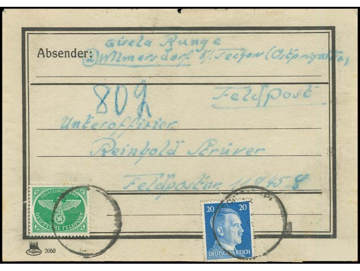 dito, mit Hitler 20 Pfg. auf komplettem Addressenträgerteil für ein Päckchen von "TECHOW..." an einen Empfänger mit Feldpost-