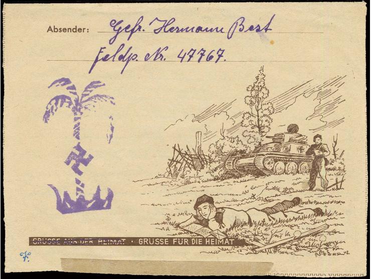 Stempel in violett in Form 29 rückseitig auf Vordruckkartenbrief mit Normstempel "b 4.03.43" und Absendervermerk mit Feldpost