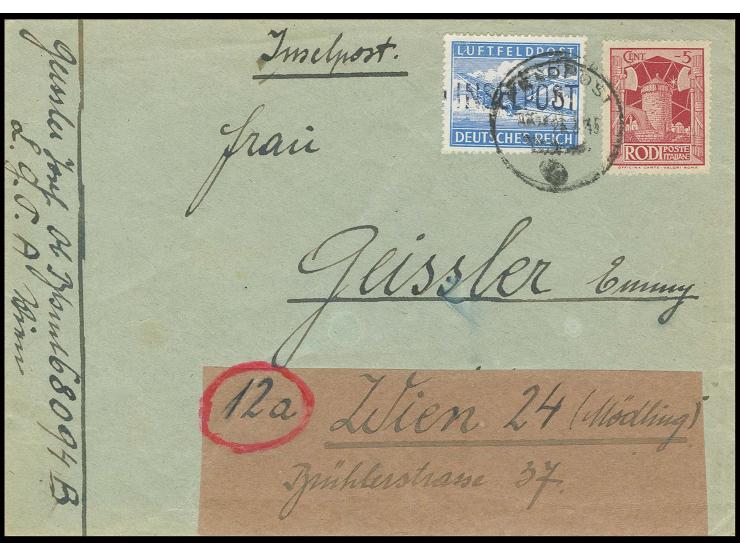 dito, auf Brief mit Freimarke 5 C. der Ägäischen Inseln und Normstempel "h 26.3." (Porto Lago) sowie vorderseitigem Absenderv