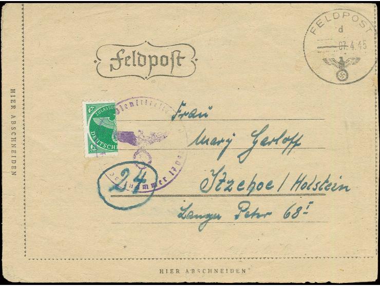 1945, Kurland-Halbierung, linke Hälfte auf Kartenbrief mit Normstempel "d 7.4." und rückseitigem Absendervermerk mit Feldpost