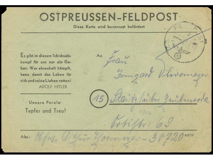 grüne Karte mit fetter Inschrift, gebraucht mit Normstempel "d 1.4." und Absendervermerk mit Feldpostnummer "30720" nach Stai