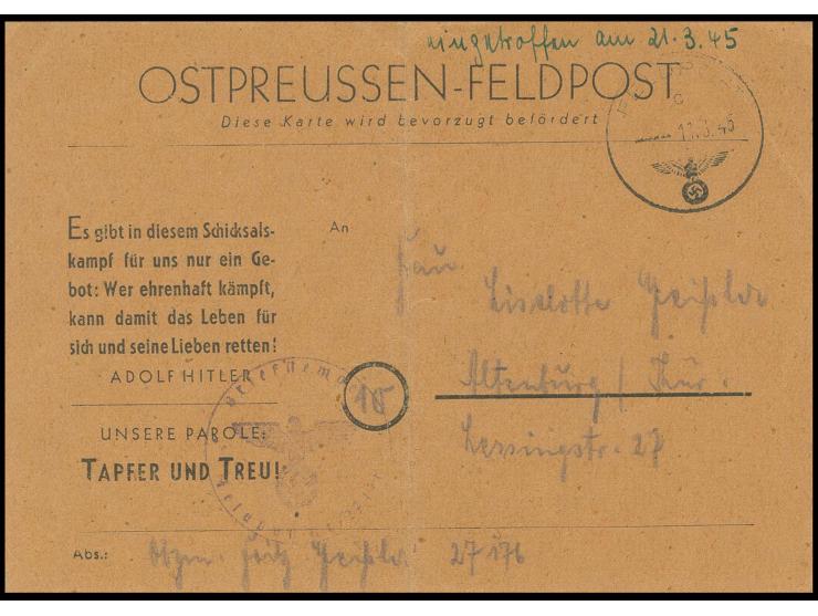 hellbraune Karte (Mittelbug) mit magerer Schrift, gebraucht mit Normstempel "c 11.3." und Briefstempel sowie Absendervermerk 