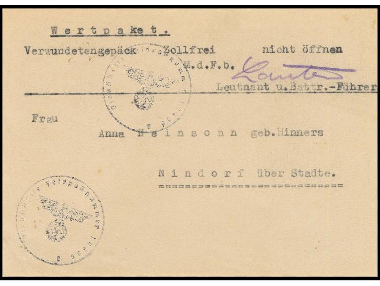 1944 (ca.), provisorischer Wertpaket-Adressenträgerteil für Verwundetengepäck mit Vermerk "Zollfrei - nicht öffnen" mit Diens