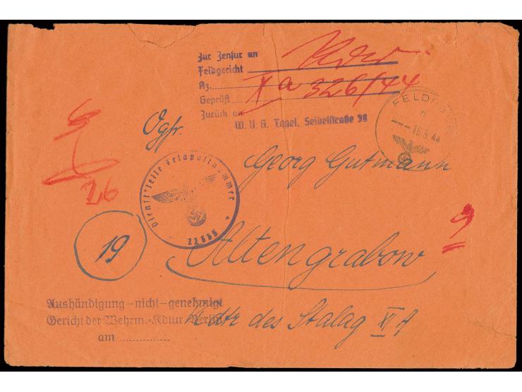 1944, "Zur Zensur an Feldgericht...Tegel, Seidelstraße 39", L6 auf Feldpostbrief mit Normstempel "h 16.9." an das Stalag XI A