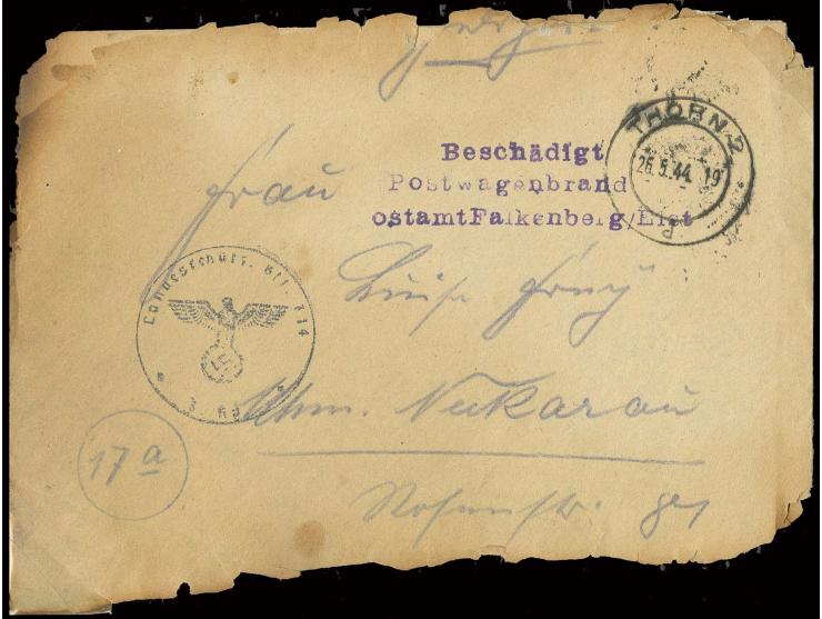 1944, "Beschädigt Postwagenbrand Postamt Falkenberg/Elst.", L3 auf Feldpostbrief von "THORN 2 26.5." mit entsprechenden Spure