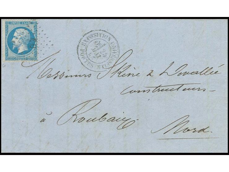  "EXPOSITION UNIVERSELLE POSTES 25.5.", DKr. klar auf komplettem Faltbrief mit Napoléon 25 C. mit Punkt-Rautenstempel "EU" al