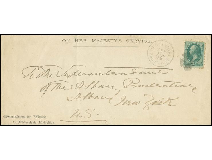 engl. Vordruckbrief "ON HER MAJESTY'S SERVICE" mit Zudruck "Commsissioner for Victoria for Philadelphia Exhibition", gebrauch