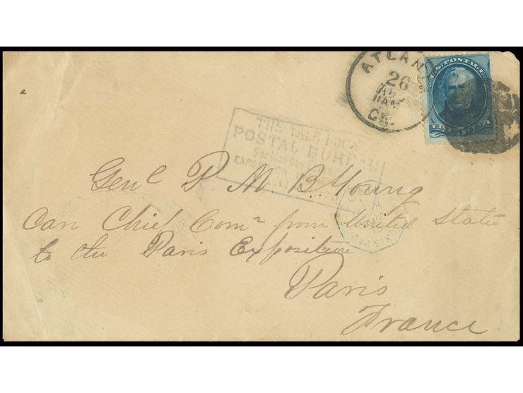 1878, Paris: "THE YALE LOCK POSTAL BUREAU Section des Etats Unies EXPOSITION UNIVERSELLE PARIS 1878", blauer Ra5 vom Modellpo