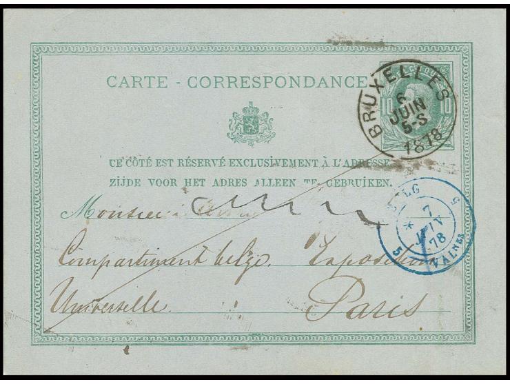 1878, DKr. "EXPOSITION UNIVERSELLE POSTE ET TELEGRAPHE 7.JUIN", klar als Ankunftsstempel rückseitig auf belg. Ganzsachenkarte