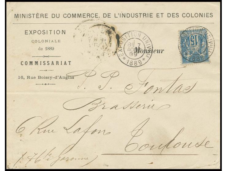 "EXPOSITION UNIVELLE 1889 7.AOUT.89", DKr. 2x klar auf Vordruckbrief "MINISTÈRE DU COMMERCE DE L'INDUSTRIE ET DES COLONIES + 