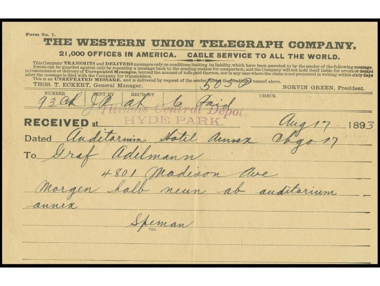 1893, Chicago: "FISHERIES BUILDING World's Fair Grounds", violetter L2 und L1 "WY" auf Telegramm-Vordruckumschlag der Western