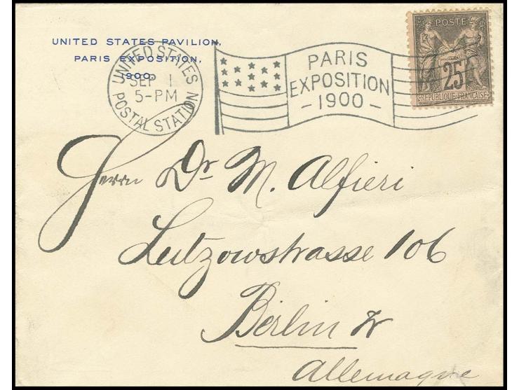 offiz. Umschlag mit Vordruck "UNITED STATES PAVILION PARIS EXPOSITION 1900" (rückseitig mit blau geprägtem US-Wappen) mit frz