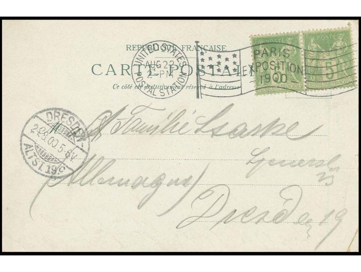 "UNITED STATES POSTAL STATION 22.8. PARIS EXPOSITION 1900", amerik. Flaggestempel sehr klar als Entwerter auf farbiger Ausste