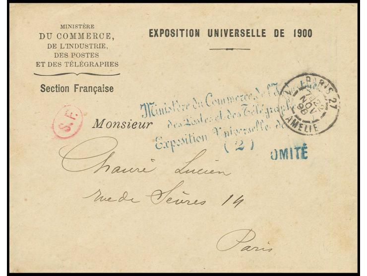 Vordruckbrief "MINISTÈRE DU COMMERCE DE L'INDUSTRIE DES POSTES ET DES TÉLÉGRAPHES - EXPOSITION UNIVERSELLE DE 1900" als Ortsb