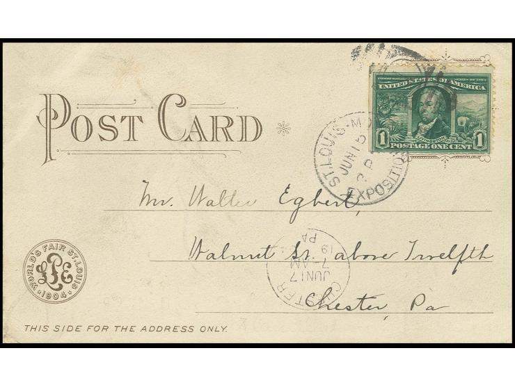 1904, St. Louis: "ST.LOUIS MO. EXPOSITION ST. JUN 6/1", Duplex-Sonderstempel auf farbiger Ausstellungskarte "EDUCATION & SOCI