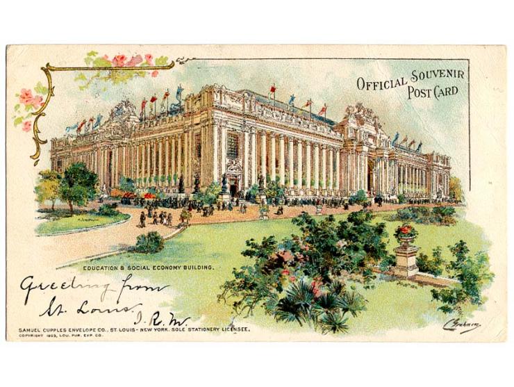 1904, St. Louis: "ST.LOUIS MO. EXPOSITION ST. JUN 6/1", Duplex-Sonderstempel auf farbiger Ausstellungskarte "EDUCATION & SOCI