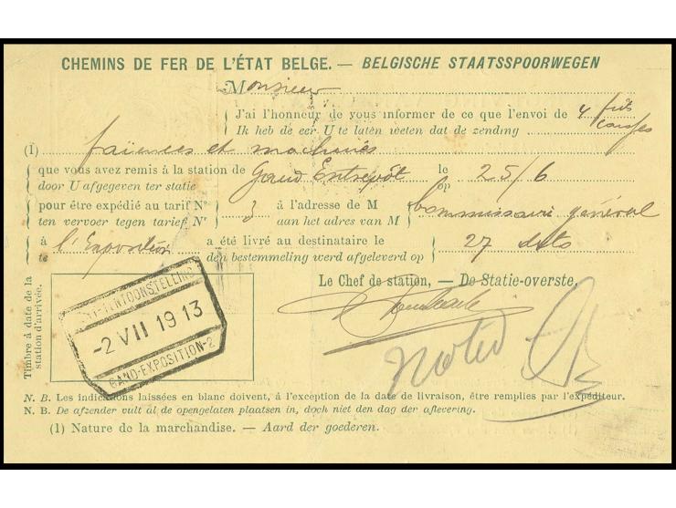 1913, Gent: "GENT-TENTOONSTELLING 2.VII.1913 GAND-EXPOSITION 2", Bahnpoststempel rückseitig auf Ganzsachen-Karte 10 C. als Ei