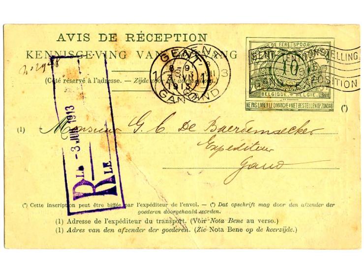 1913, Gent: "GENT-TENTOONSTELLING 2.VII.1913 GAND-EXPOSITION 2", Bahnpoststempel rückseitig auf Ganzsachen-Karte 10 C. als Ei