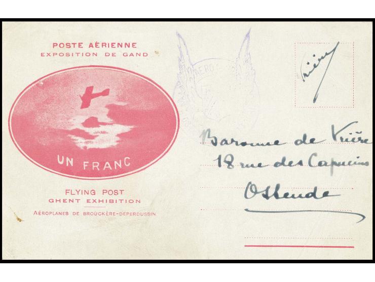 Vordruckkarte "Poste Aérienne Exposition de Gand - Un Franc", gebraucht mit viel Text (auch über den Ausstellungs-Flieger Hen