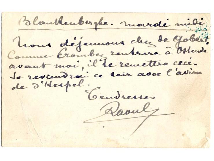 Vordruckkarte "Poste Aérienne Exposition de Gand - Un Franc", gebraucht mit viel Text (auch über den Ausstellungs-Flieger Hen