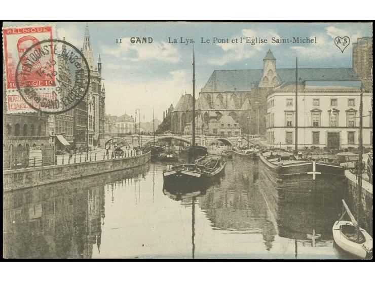 "GENT-TENTOONSTELLIN GAND EXPOSITION 16.VI.1913 B", klar rückseitig auf farbiger Ansichtskarte mit Freimarke 10 C. nach Paris