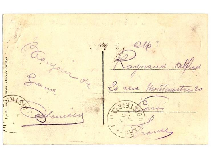 "GENT-TENTOONSTELLIN GAND EXPOSITION 16.VI.1913 B", klar rückseitig auf farbiger Ansichtskarte mit Freimarke 10 C. nach Paris