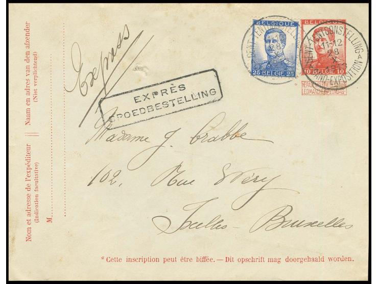 "GENT-TENTOONSTELLING GAND EXPOSITION 28.10.", 2x klar auf Ganzsachen-Umschlag 10 C. mit Zufrankatur Freimarke 25 C. als Eilb