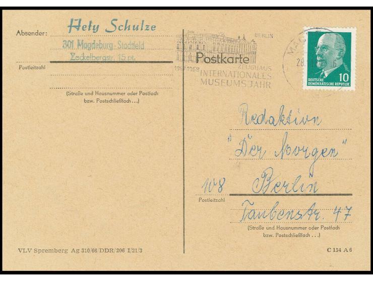 1967, DDR, Maschinenstempel "MAGDEBURG 28.11. ZEUGHAUS INTERNATIONALES MUSEUMSJAHR" , sehr seltener Stempel, der nur wenige T