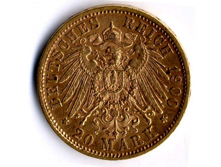 DEUTSCHES REICH: 20 M. Wilhelm II, GOLD, etwas Patina, sonst in guter Erhaltung