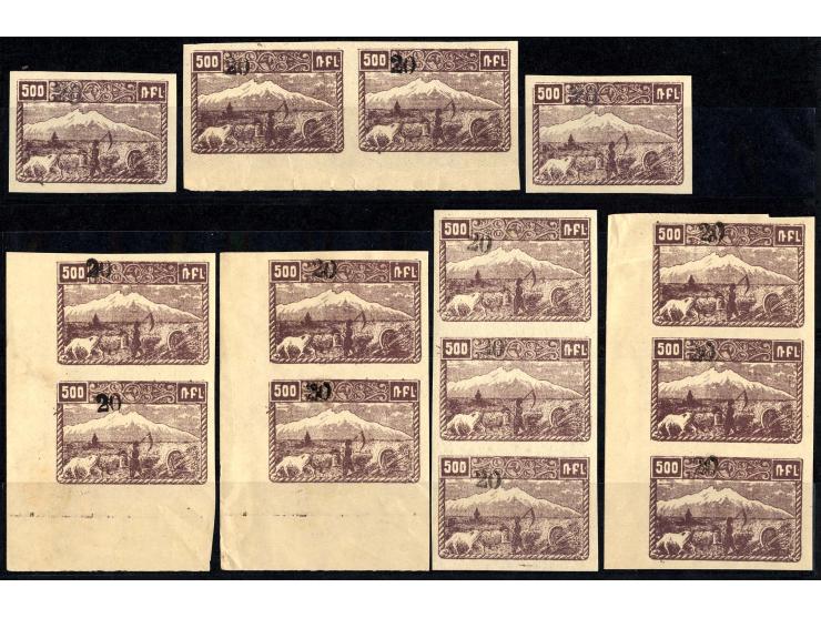1922, 20 (K) auf 500 R. dunkelviolettbraun, 32 Stück, meist in Einheiten, postfrisch und ungebraucht, einige Werte mit Bügen 