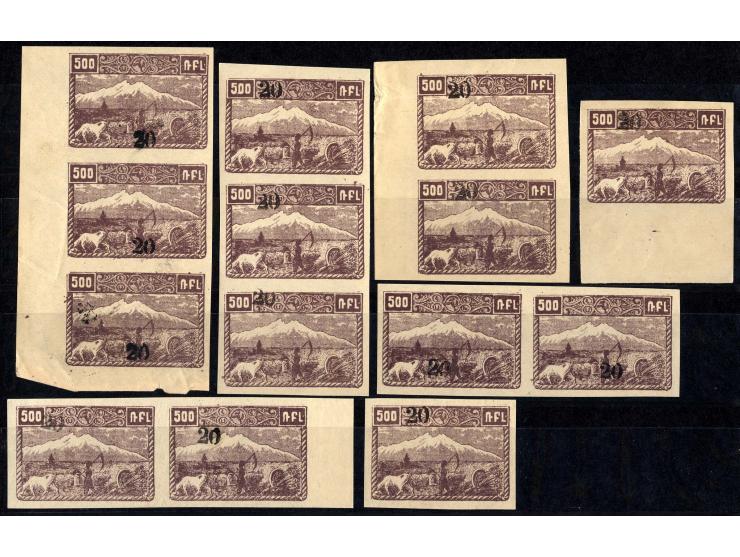 1922, 20 (K) auf 500 R. dunkelviolettbraun, 32 Stück, meist in Einheiten, postfrisch und ungebraucht, einige Werte mit Bügen 