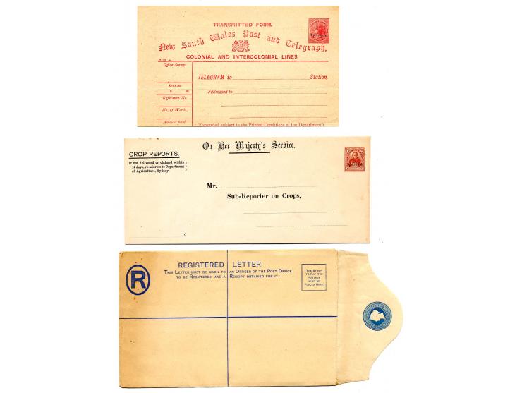 1880/90, 15 ungebrauchte Ganzsachen, meist Umschläge mit "SPECIMEN"- Aufdrucken, dabei auch Neusüdwales mit 6 P. Telegramm-Fo