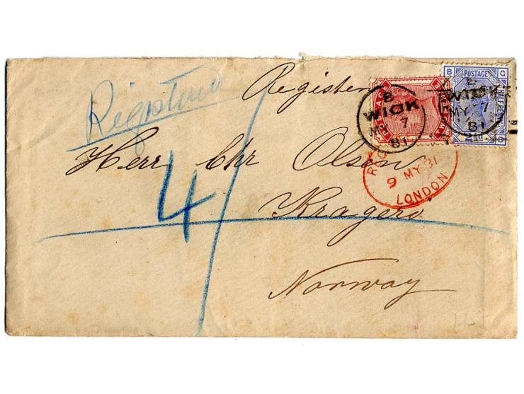 1855/81, 5 frankierte Briefe, dabei Brief mit u.a. Paar Mi.-Nr. 5 nach Italien, Einschreiben nach Norwegen etc.