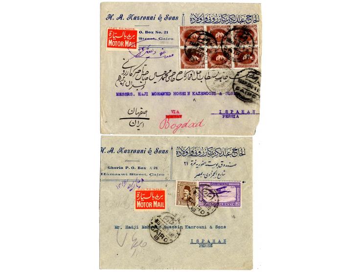 Motor Mail: 1924/25, kleine Partie, dabei rote Vignette in Einheiten, dabei 60er-Block sowie 2 Briefe von Kairo nach Ispahan 