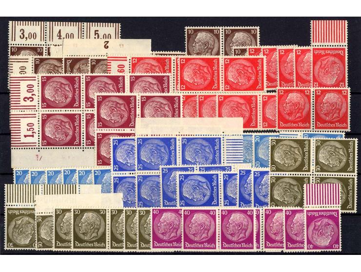 1933, Hindenburg 1-100 Pfg. in unterschiedlichen Mengen bis 24 Stück, meist in Einheiten, postfrisch, Aufstellung vorhanden (