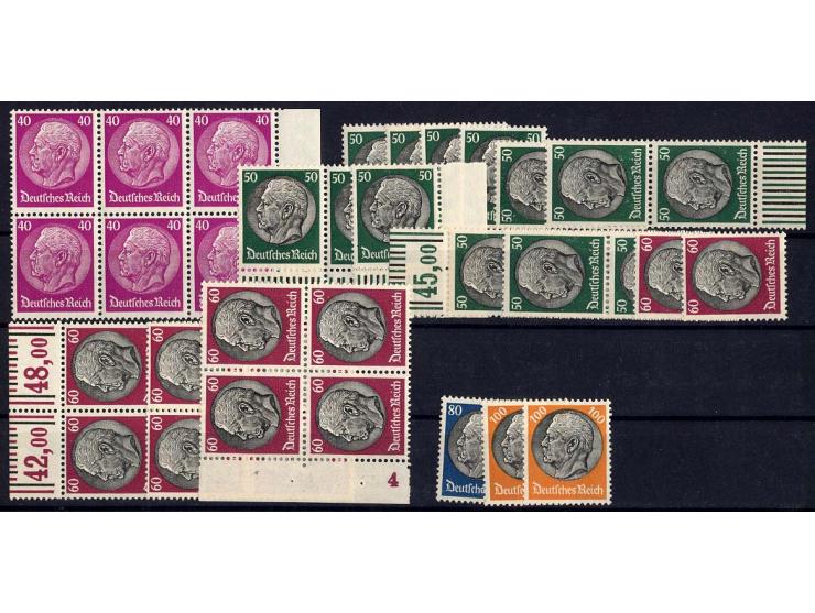 1933, Hindenburg 1-100 Pfg. in unterschiedlichen Mengen bis 24 Stück, meist in Einheiten, postfrisch, Aufstellung vorhanden (