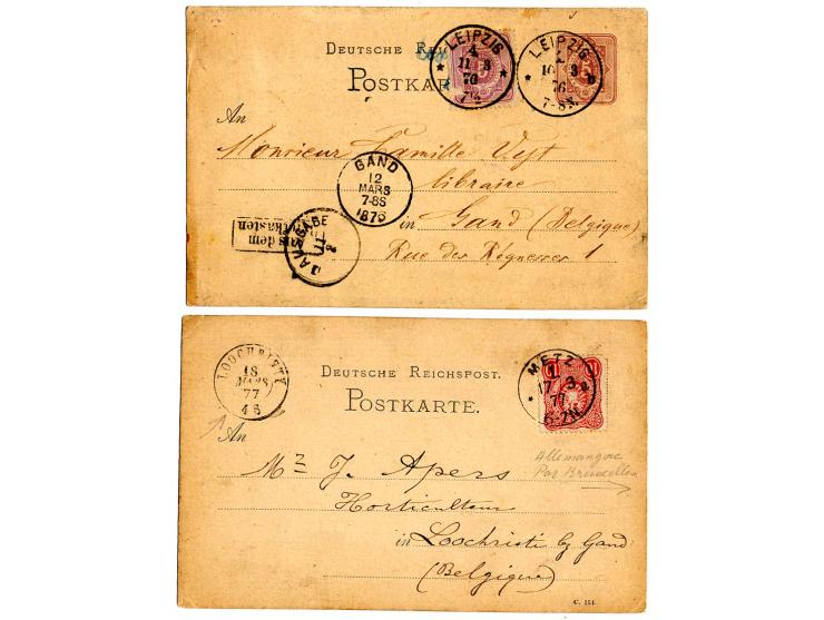 1875/79, Pfennige-Frankaturen nach Belgien, auf 10 Briefen und Karten, dabei u.a. 3 Pfge., 2 Stück als Mehrfachfrankatur auf 