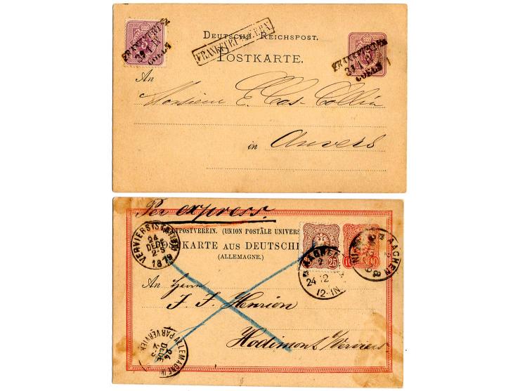 1875/79, Pfennige-Frankaturen nach Belgien, auf 10 Briefen und Karten, dabei u.a. 3 Pfge., 2 Stück als Mehrfachfrankatur auf 