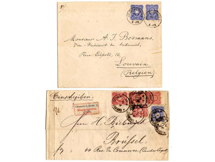 1875/79, Pfennige-Frankaturen nach Belgien, auf 10 Briefen und Karten, dabei u.a. 3 Pfge., 2 Stück als Mehrfachfrankatur auf 