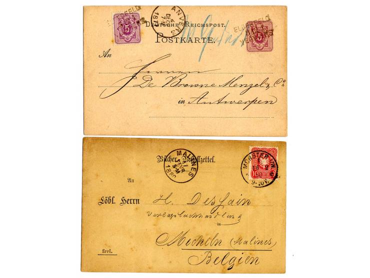 1875/79, Pfennige-Frankaturen nach Belgien, auf 10 Briefen und Karten, dabei u.a. 3 Pfge., 2 Stück als Mehrfachfrankatur auf 