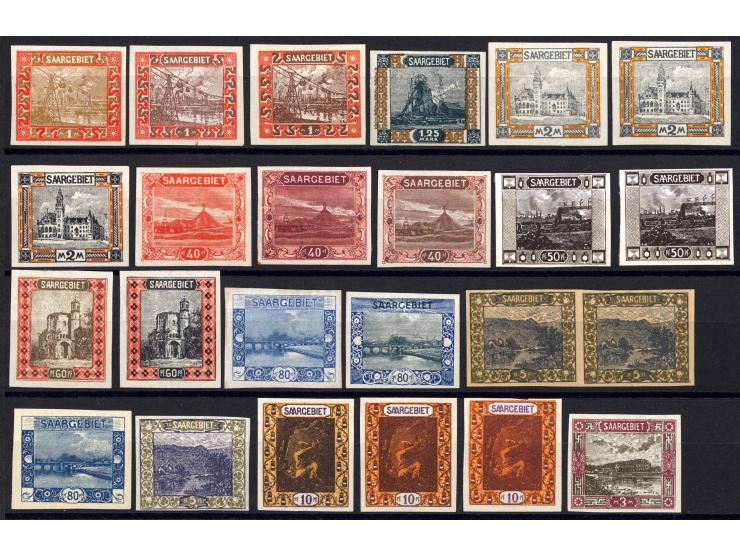 1921/26, 45 Probedrucke der Dauerserien, dabei 2 im Blockformat und 3 Stück zusammen im Blockstück, teils sign., 13 Atteste N