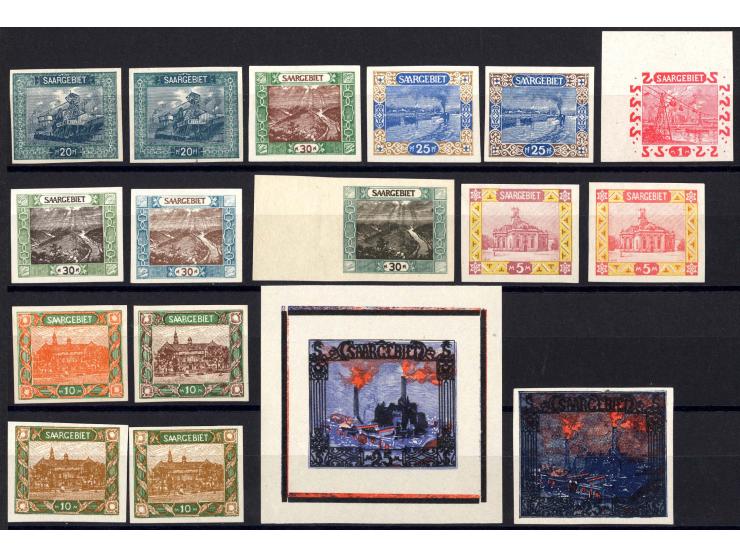 1921/26, 45 Probedrucke der Dauerserien, dabei 2 im Blockformat und 3 Stück zusammen im Blockstück, teils sign., 13 Atteste N
