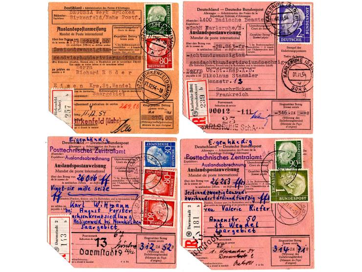 1954, 11 Auslandspost-Anweisungen in das Saarland mit rückseitigen saarl. Frankaturen für die Auszahlung, dabei 4x per Einsch