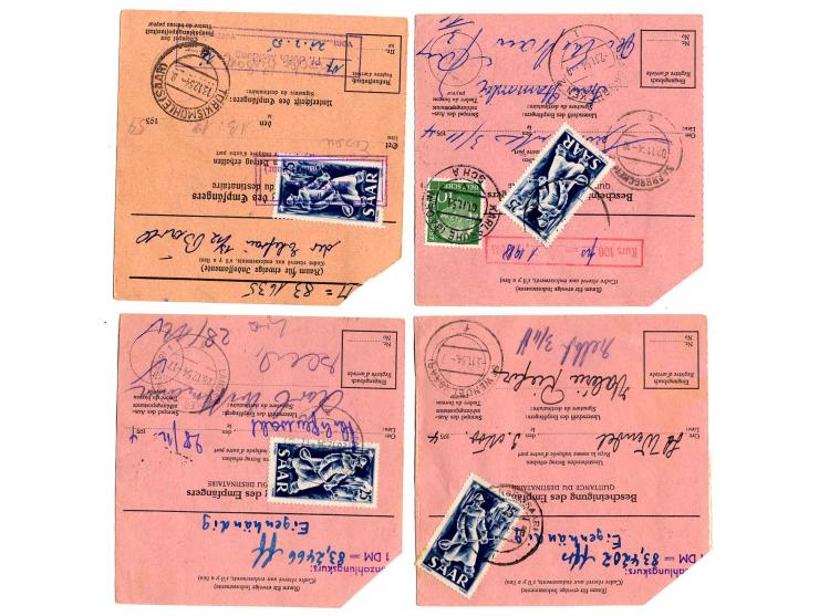 1954, 11 Auslandspost-Anweisungen in das Saarland mit rückseitigen saarl. Frankaturen für die Auszahlung, dabei 4x per Einsch